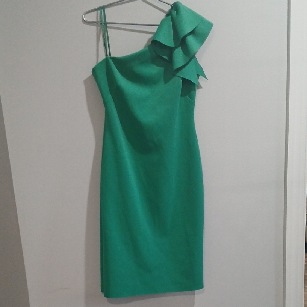 Jessica Howard Green Asymmetrical Ruffled Cocktail Dress